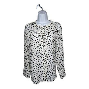 Karl Lagerfeld Women's Blouse Size L Black White Polka Dot Tie Neck Ruffle Front